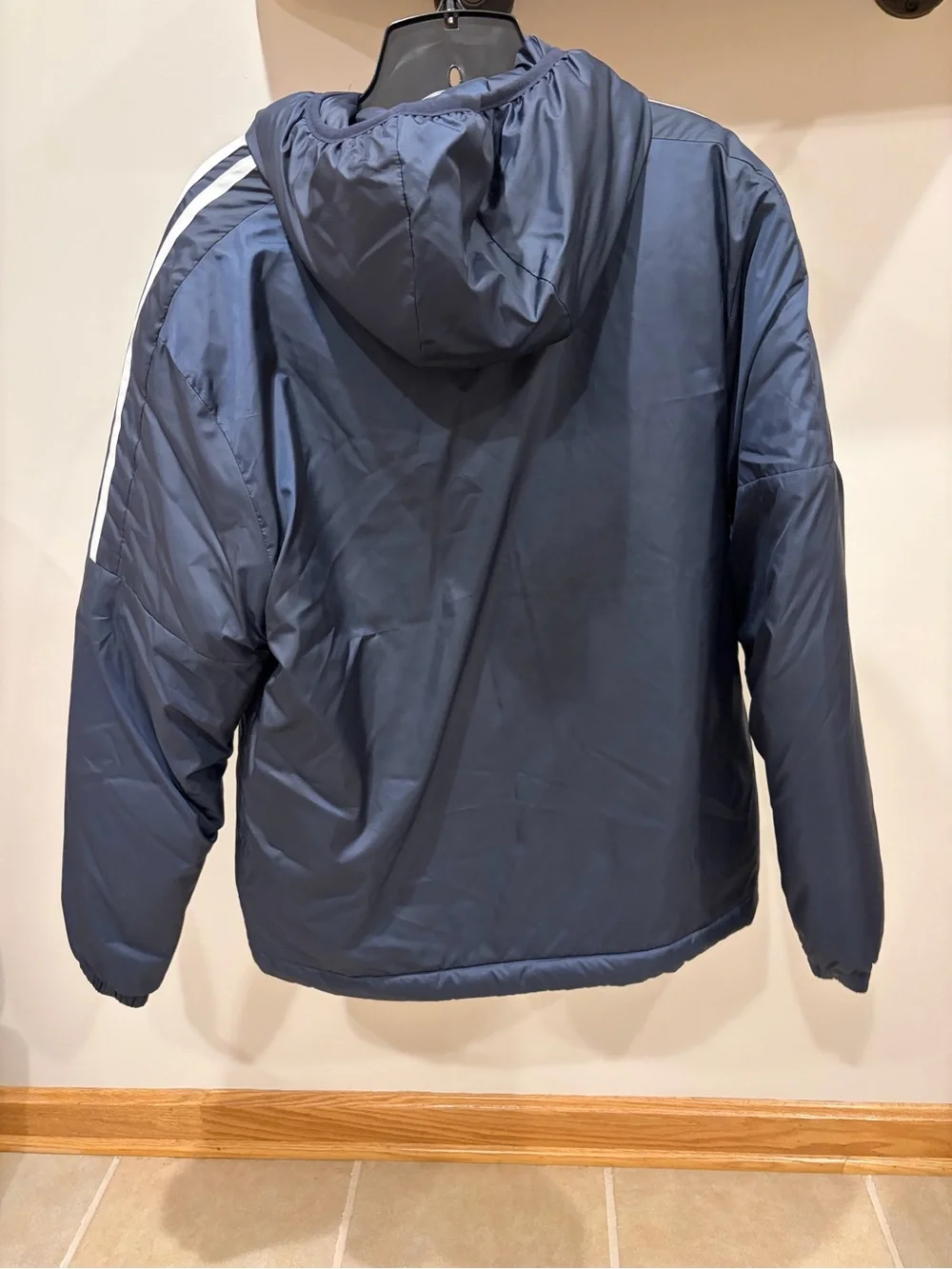 NEW Adidas Mens Small blue Hooded Puffer Jacket 3 stripe lightweight winter coat